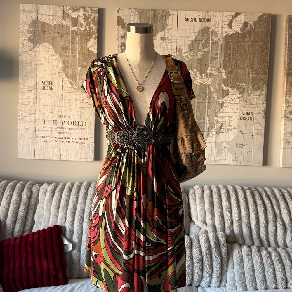 Sky Multicolor Abstract-Print Midi Dress with Deep V-Neck